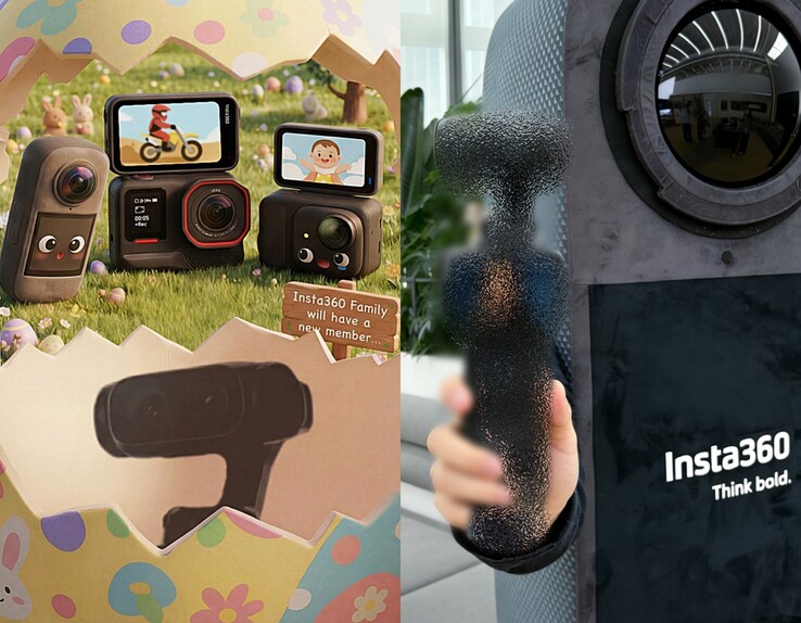 Insta360 com câmeras duplas (esquerda), imagem teaser da Insta360 em tamanho real (direita).