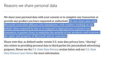 A página de declaração de privacidade da Microsoft é bastante vaga sobre o que a empresa compartilha com quem e por quê. (Fonte da imagem: Microsoft)