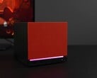 Mini PC Steam Machine com painel frontal vermelho e iluminação RGB