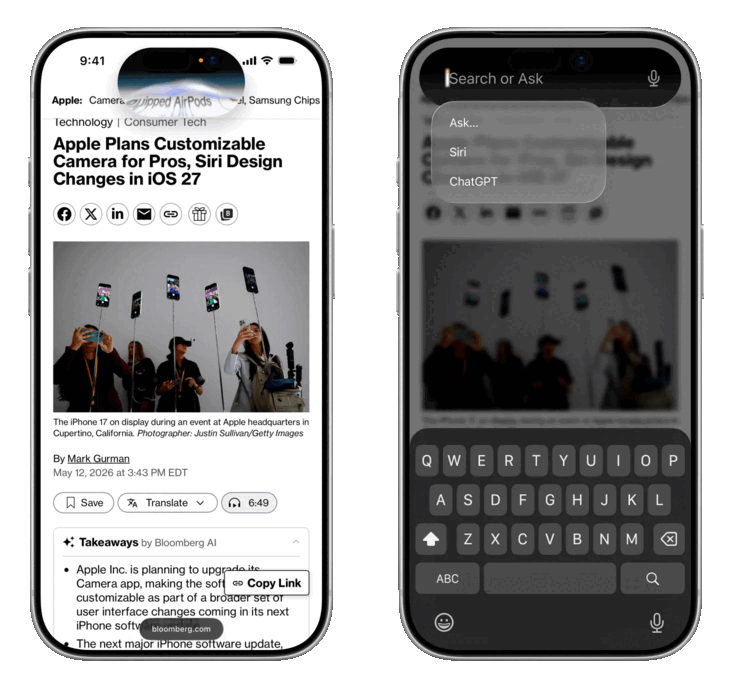 A nova Siri está planejada para ter uma animação redesenhada que sai do Dynamic Island (à esquerda) e uma interface Search ou Ask.