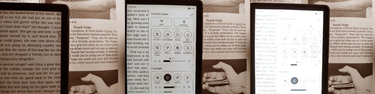 Boox Go 6 II em comparação com um livro iluminado indiretamente por uma lâmpada à noite (f/1,8; 1/30; ISO 800). Brilho: 0, 19, 28 (máx.).