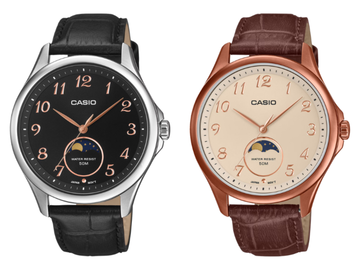 Os relógios Casio Standard MTP-M110L-1AV (esquerda) e MTP-M110RL-5AV (direita). (Fonte da imagem: Casio, editado)