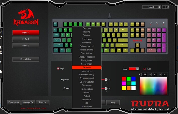 18 modos RGB predefinidos de teclado Rudra