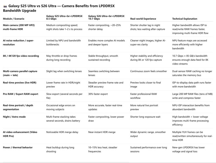 Supostas melhorias na câmera do Galaxy S26 graças à memória mais rápida. (Fonte da imagem: Ice Universe on X)