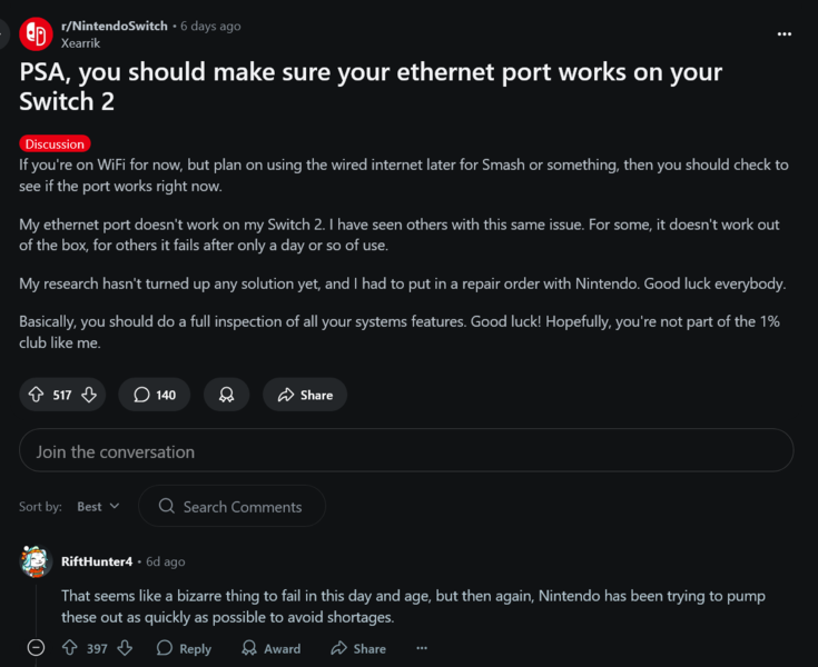 Problemas com a porta Ethernet do Nintendo Switch 2 (Fonte da imagem: captura de tela, subreddit do Nintendo Switch)