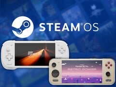 O Konkr Pocket Fit G3 e o Ayaneo Pocket S2 Pro retratados com o logotipo do Steam OS ao fundo