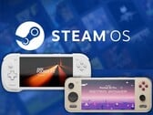 O Konkr Pocket Fit G3 e o Ayaneo Pocket S2 Pro retratados com o logotipo do Steam OS ao fundo