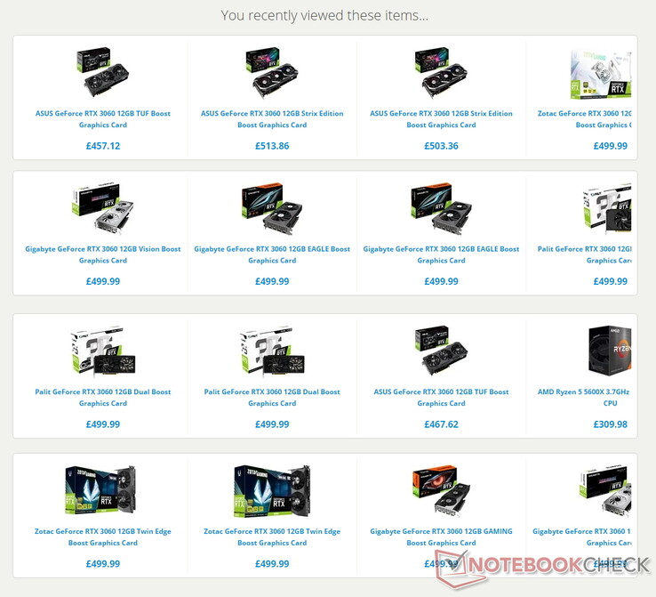 Alguns dos preços de GeForce RTX 3060 mostrados pela CCL Computers. (Fonte da imagem: Computadores CCL)