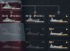 World of Warships 12.1, US tech tree showing hybrid battleships Nebraska, Delaware, and Louisiana (Fonte: Own)