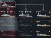 World of Warships 12.1, US tech tree showing hybrid battleships Nebraska, Delaware, and Louisiana (Fonte: Own)