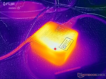 O adaptador CA chega a quase 50 °C ao operar cargas exigentes