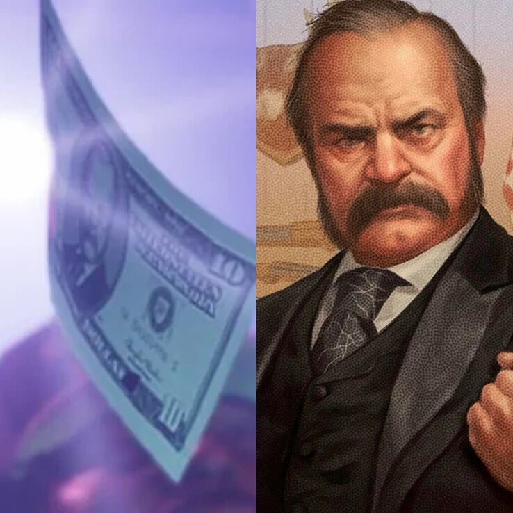 Imagem mostrando o dinheiro no GTA 6 do Trailer 2 ao lado do presidente Thaddeus Waxman. (Fonte da imagem: Synth Potato on X)