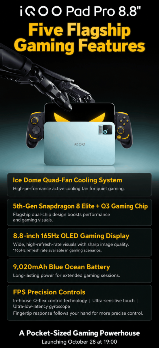 Infográfico dos recursos de jogos do iQOO Pad Pro de 8,8 polegadas, destacando seu sistema de resfriamento, processador Snapdragon, tela OLED, bateria e controles de jogos