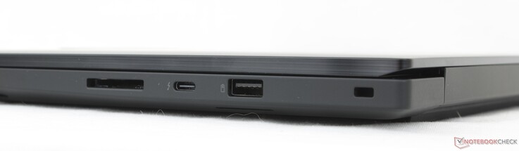 Direito: Leitor de cartão SD 7.0, USB-C Thunderbolt 4 com DisplayPort 2.1 + Power Delivery 3.1, USB-A (10 Gbps), trava de segurança