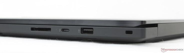 Direito: Leitor de cartão SD 7.0, USB-C Thunderbolt 4 com DisplayPort 2.1 + Power Delivery 3.1, USB-A (10 Gbps), trava de segurança