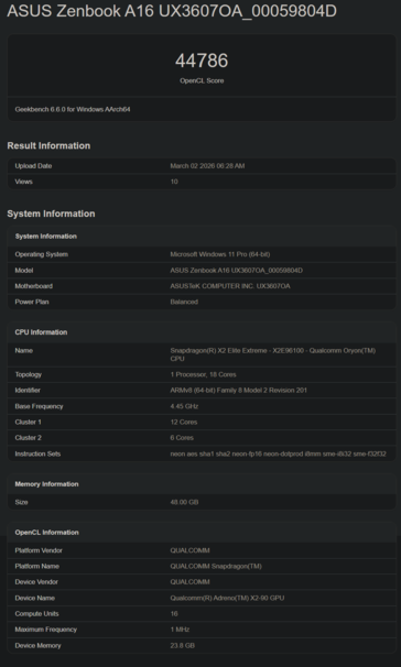 Snapdragon X2 Elite X2E-96-100 Desempenho da GPU no Geekbench