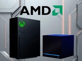 Logotipo da AMD acima do mockup do novo console Xbox e da Steam Machine