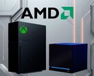 Logotipo da AMD acima do mockup do novo console Xbox e da Steam Machine