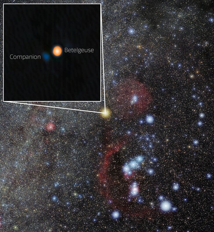 A localização de Betelgeuse e sua estrela companheira. (Fonte da imagem: Observatório Internacional Gemini/NOIRLab/NSF/AURAProcessamento de imagem: M. Zamani (NSF NOIRLab))
