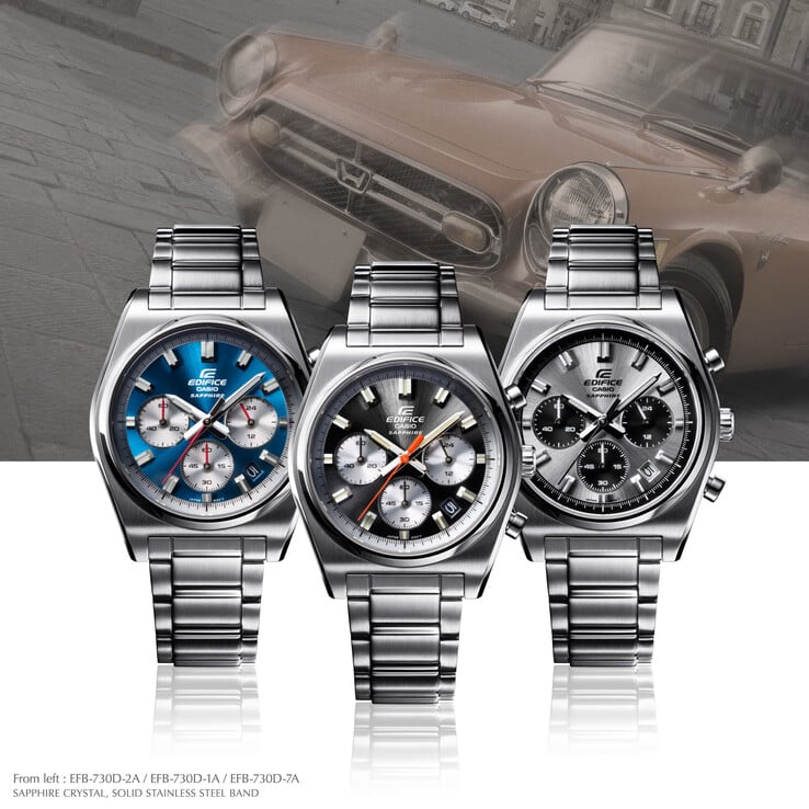 Da esquerda para a direita: Casio Edifice EFB-730D-2AV, EFB-730D-1AV, EFB-730D-7AV. (Fonte da imagem: Casio)