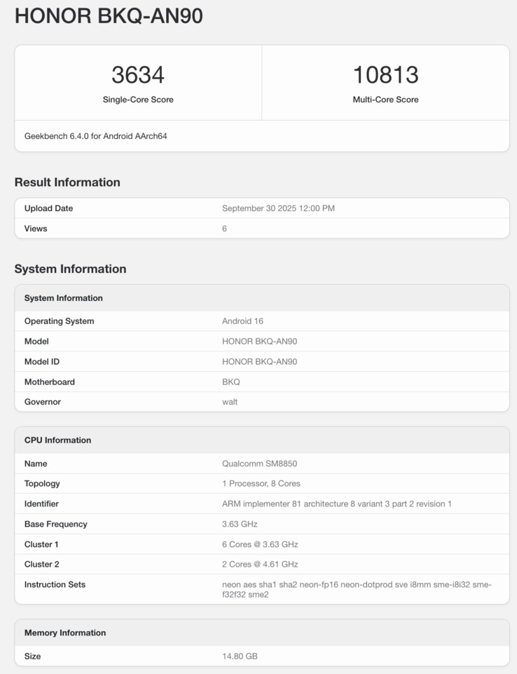 Listagem do Geekbench do Honor Magic 8 Pro. (Fonte da imagem: Geekbench)