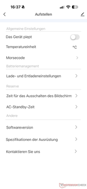 Menu com configurações adicionais