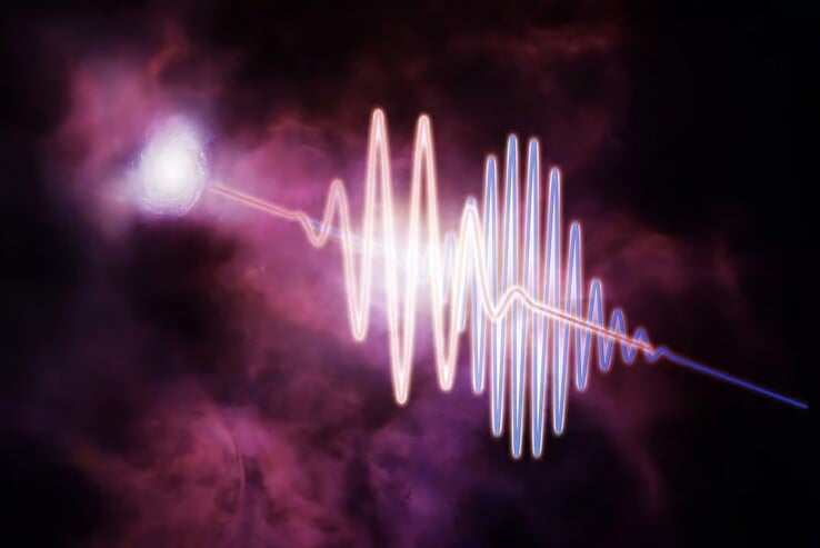 A diferença entre os comprimentos de onda longos, mostrados aqui em vermelho, emitidos por explosões rápidas de rádio (FRBs), e os comprimentos de onda mais curtos, mostrados em azul. (Fonte da imagem: Melissa Weiss, CFA)