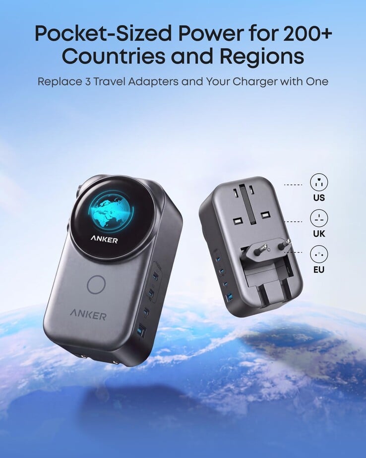 Uma imagem de marketing que vazou do Adaptador de Viagem Anker Nano (4 em 1, 100 W, Smart Display)