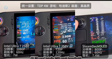 Consumo de energia do MSI Claw Intel Core Ultra 7 258V comparado com o Steam Deck (Fonte da imagem: Bilibili via VideoCardz)