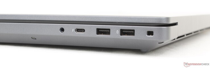 Direita: Fone de ouvido de 3,5 mm, USB-C Thunderbolt 4 (40 Gbps) com DisplayPort + Power Delivery, 2x USB-A 3.2 Gen. 1 (5 Gbps), slot de trava