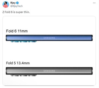 Com apenas 11 mm de espessura, há rumores de que o próximo Z Fold 6 seja o mais fino Galaxy Z Fold até agora. (Fonte: Rjey via Twitter)