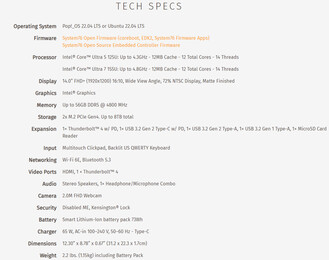 Especificações completas do laptop (Fonte da imagem: System76)