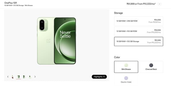 O OnePlus 15R com 16 GB de RAM está disponível em apenas duas opções de cor.