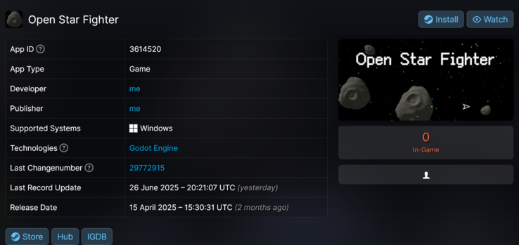 Open Star Fighter stolen Steam game (Fonte da imagem: captura de tela, SteamDB)