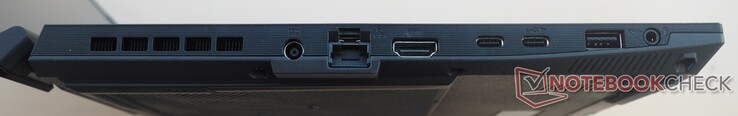 Lado esquerdo: alimentação, RJ45 LAN, HDMI 2.1, 2x USB-C 3.2 Gen2 (incl. DisplayPort), USB-A 3.2 Gen1, áudio