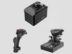 Base Moza AB6 (em cima), MHG Flightstick (embaixo à esquerda) e MTQ Throttle Quadrant (embaixo à direita). (Fonte da imagem: Moza, editado)