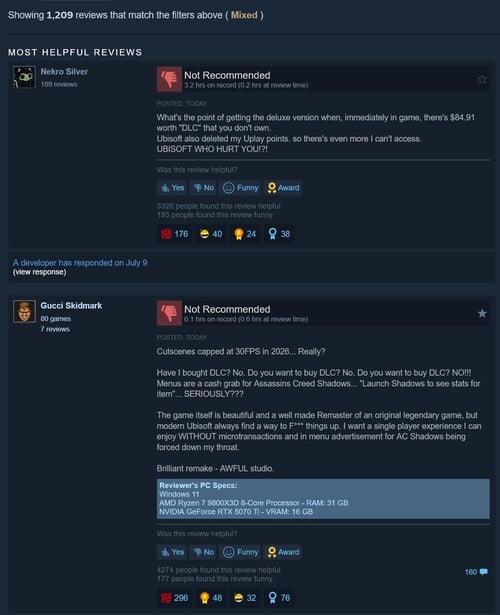 São exibidas as avaliações mistas do jogo “Assassin’s Creed Black Flag Resynced” no Steam