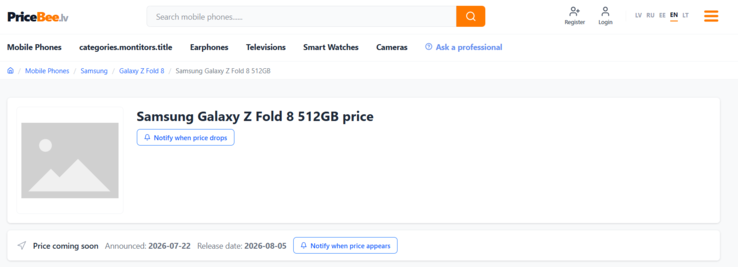 A Pricebee, com sede na Letônia, indica o dia 5 de agosto como a data de disponibilidade do Samsung Galaxy Z Fold 8.