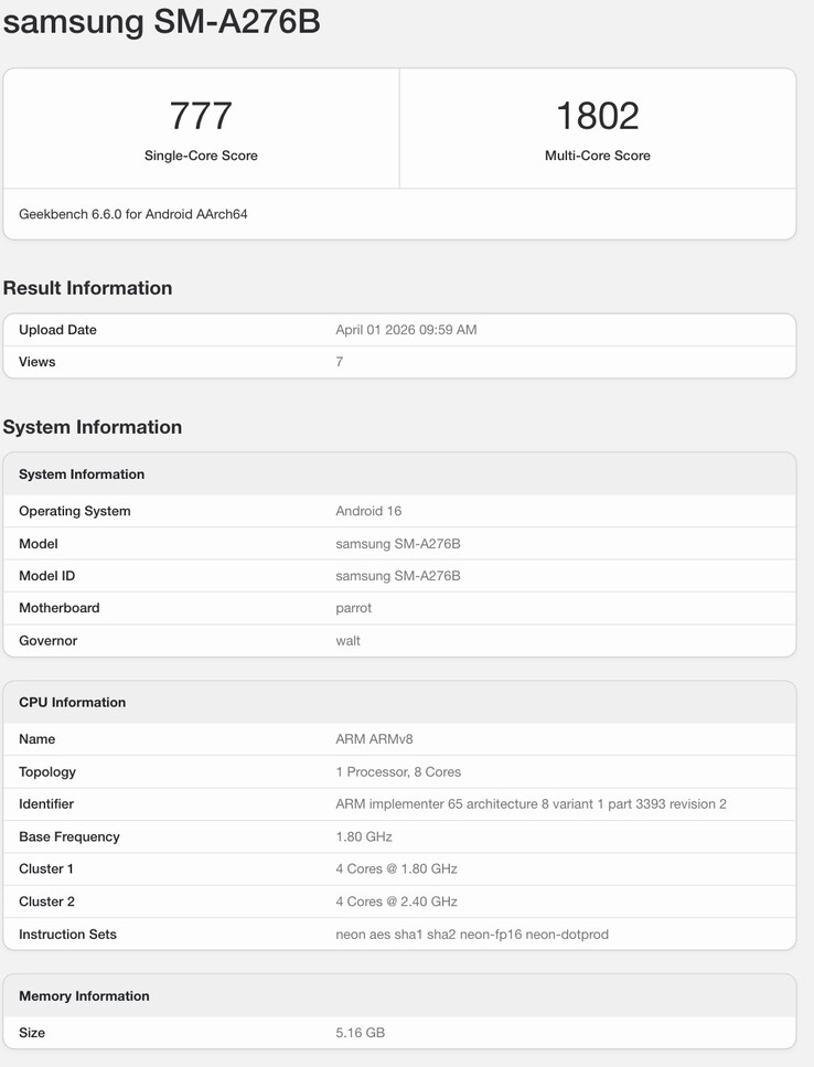 Listagem do Geekbench do próximo celular da Samsung.