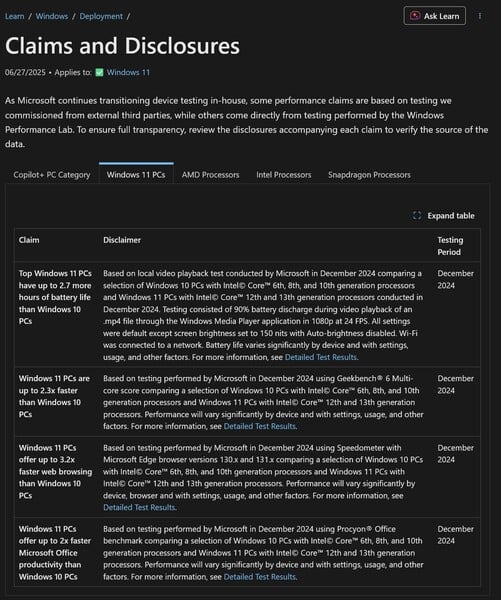 Benchmark Geekbench do Windows 10 e 11 (Fonte da imagem: captura de tela, Microsoft Learn)