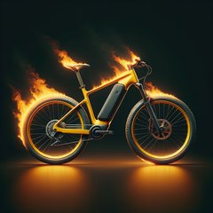 Incêndios em bicicletas elétricas podem ocorrer durante o carregamento da bateria, mas também durante o armazenamento (imagem simbólica: Dall-E / AI)