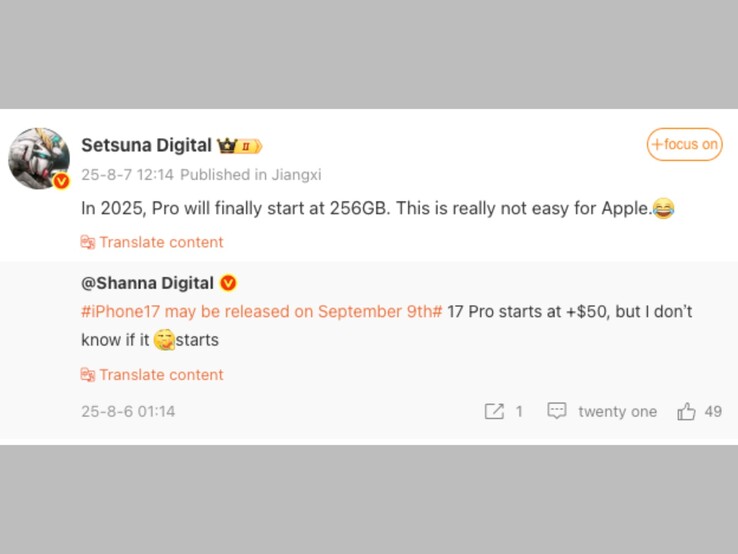 Postagem no Weibo do vazador falando sobre o modelo básico de 256 GB do iPhone 17 Pro. (Fonte da imagem: Setsuna Digital no Weibo, captura de tela)