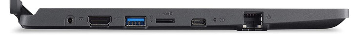 Lado esquerdo: conexão de energia, HDMI, USB 3.2 Gen 1 (Tipo A), leitor de cartões de armazenamento (microSD), USB 3.2 Gen 1 (Tipo C; DisplayPort, Fornecimento de energia), Gigabit Ethernet