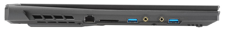 Lado esquerdo: Gigabit Ethernet, leitor de cartão de memória (SD), USB 3.2 Gen 1 (Tipo A), entrada de microfone, saída de fone de ouvido, USB 3.2 Gen 1 (Tipo A)