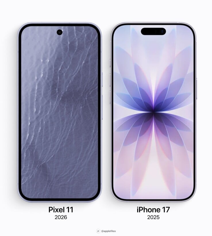 Molduras da tela do Google Pixel 11 x Apple iPhone 17.