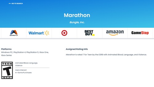 A página de classificação ESRB da Maratona é exibida