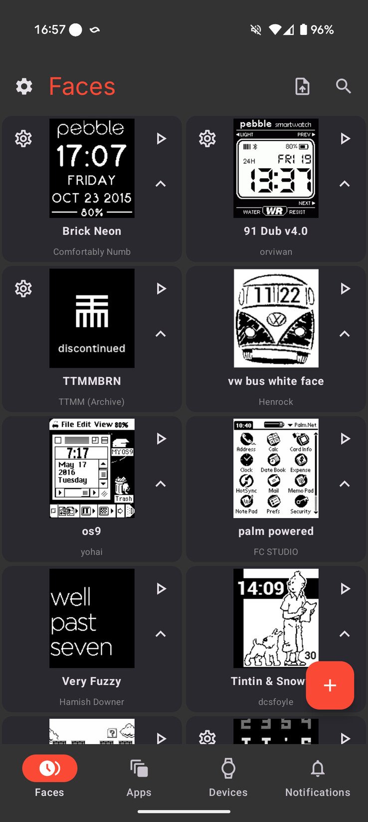 Uma captura de tela de alguns dos mostradores de relógio no novo aplicativo Pebble. (Fonte da imagem: Eric Migicovsky via X.com)