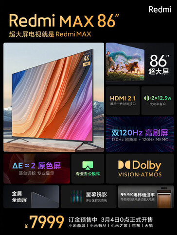 Redmi Max 86", especificações-chave. (Fonte da imagem: Xiaomi)