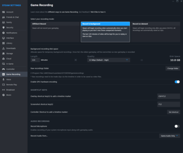 Opções de gravação do Steam (imagem via Notebookcheck)