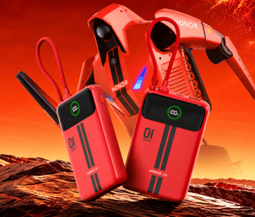 Dois power banks Honor Life vermelhos com ecrãs integrados e cabos acoplados, apresentados sobre um fundo vermelho